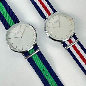 2x Watches 40mm Classic Oxford Style - Silver W/ Green/Navy & Red/Navy Straps